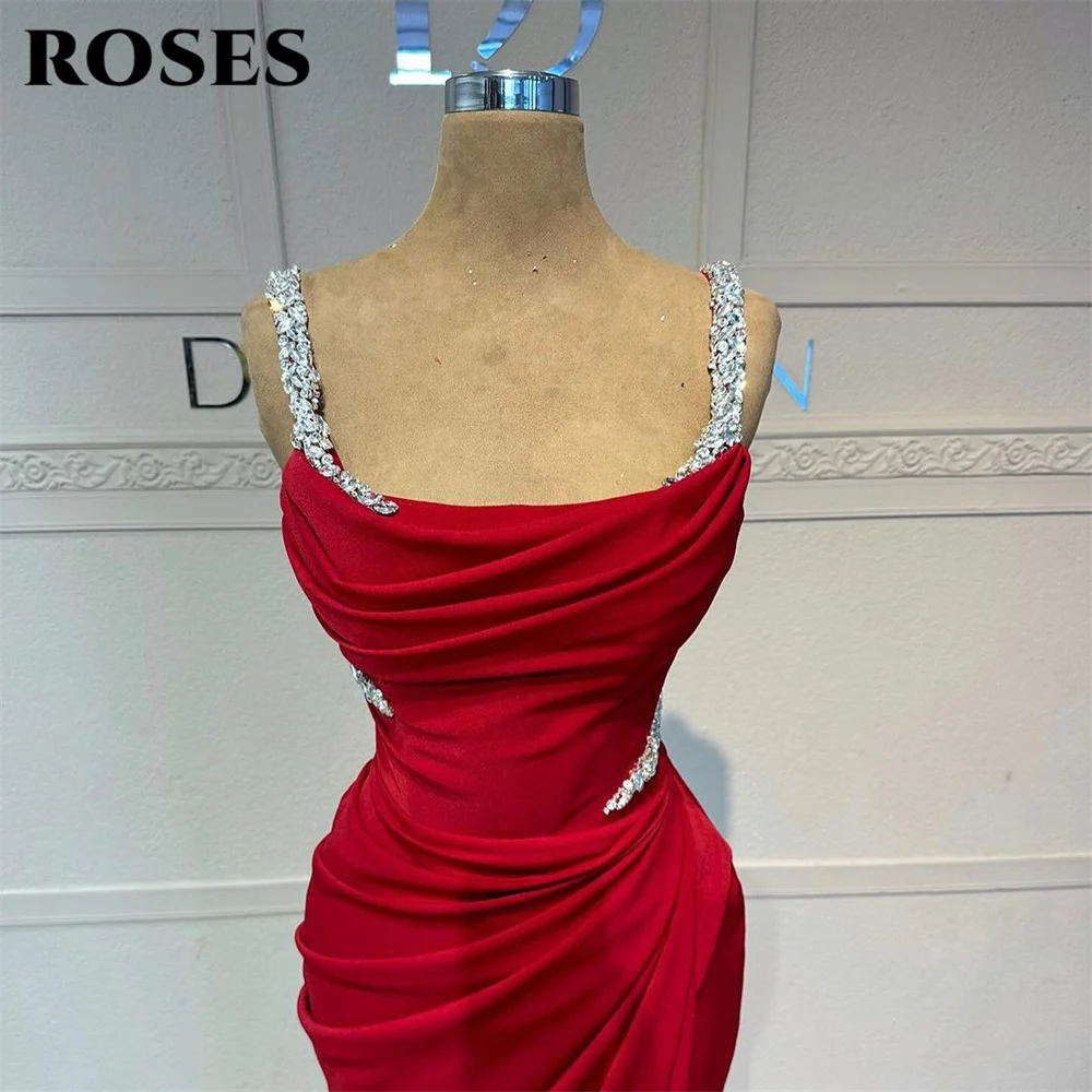 ROSES Red Strapless Sexy Mermaid Evening Dresses for Woman Elegant Shiny Prom Gown Satin Side Split Party Dress فساتين السهرة