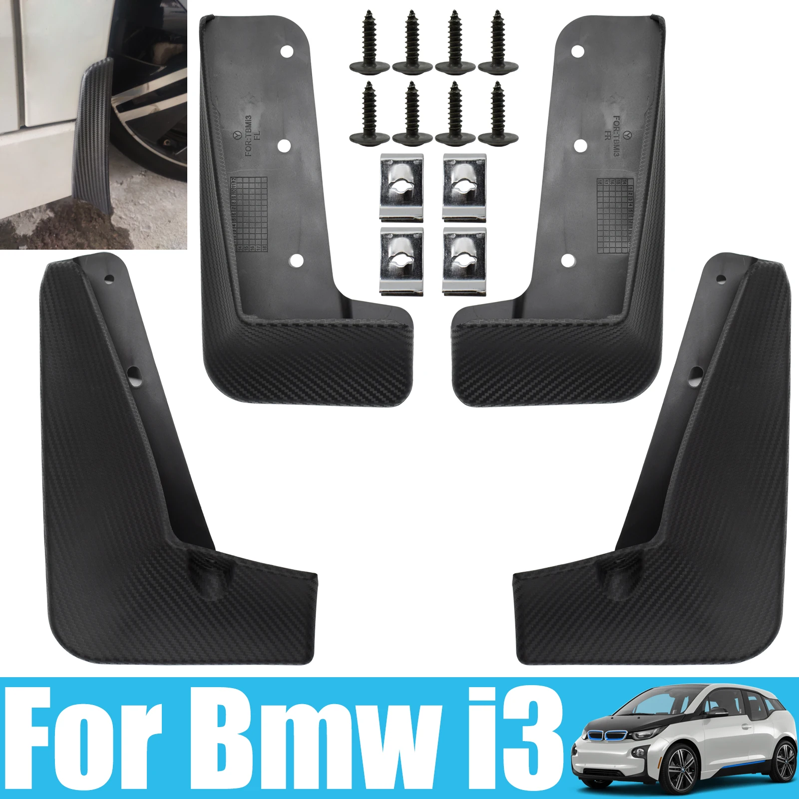 

4x For Bmw I3 2013 - 2021 Splash Guards Mudguards Mud Flaps Front Rear Screws Cars Driver Passenger Side Car Accessories Replace