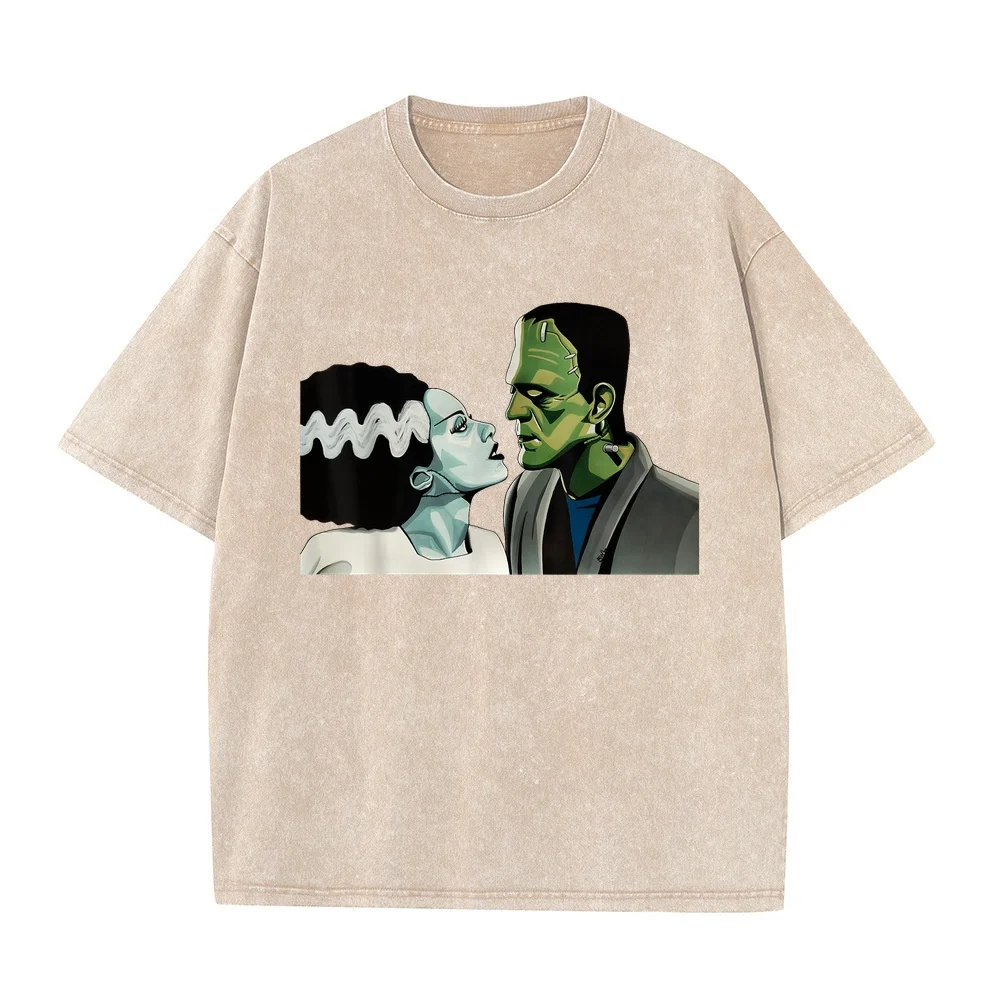 Frankenstein Monster & Bride Halloween Romantic Kiss Scene T-Shirt Men's Clothing Freeshippings Items Casual Daily Cotton Tee