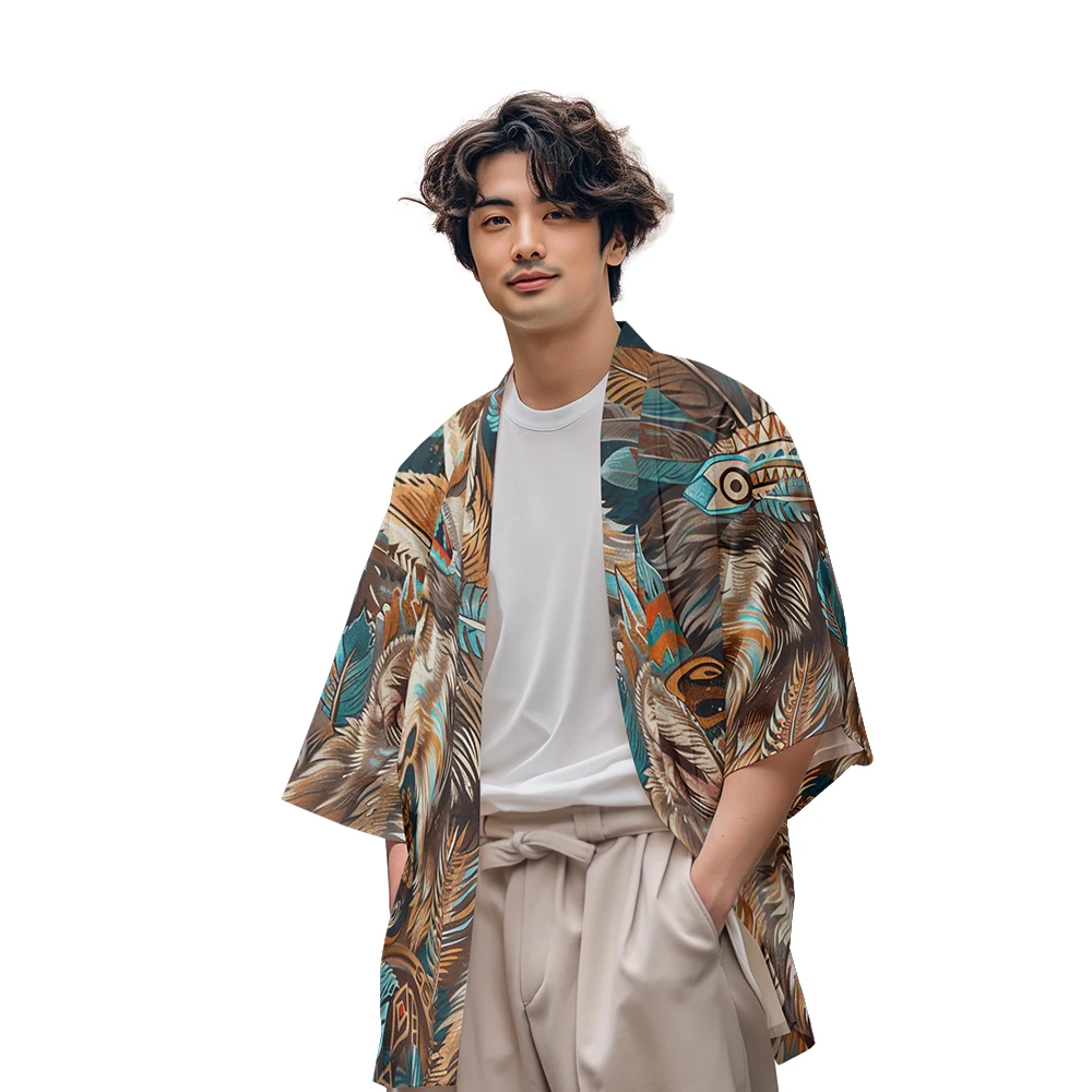 Classic Guochao Chinese Style Niche Design Anime Wolf Multi Pattern Printed Dojo Men's Casual Daily Kimono Men's Tops