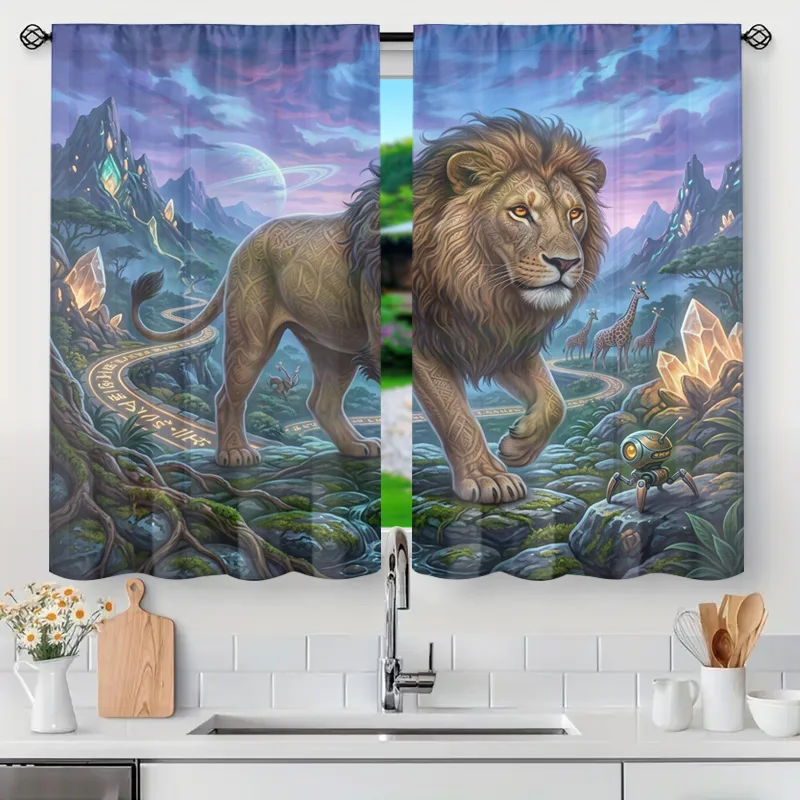 Mystical Lion Safari Jungle Curtain Panels Watercolor Art Window Decor Drapery Fantasy Wild Nature Mural for Living Room Home St