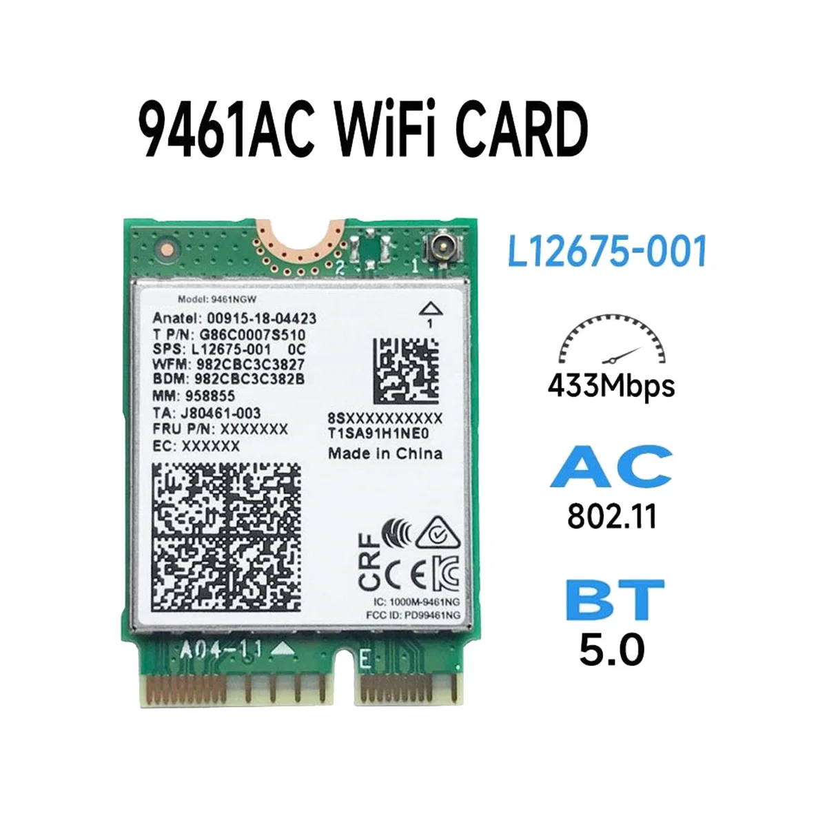 Tarjeta WiFi para Intel 9461NGW, adaptador inalámbrico de doble banda, CA 9461, 2,4G/5G, 802.11AC, M2 Key E, CNVI, Bluetooth 5,0