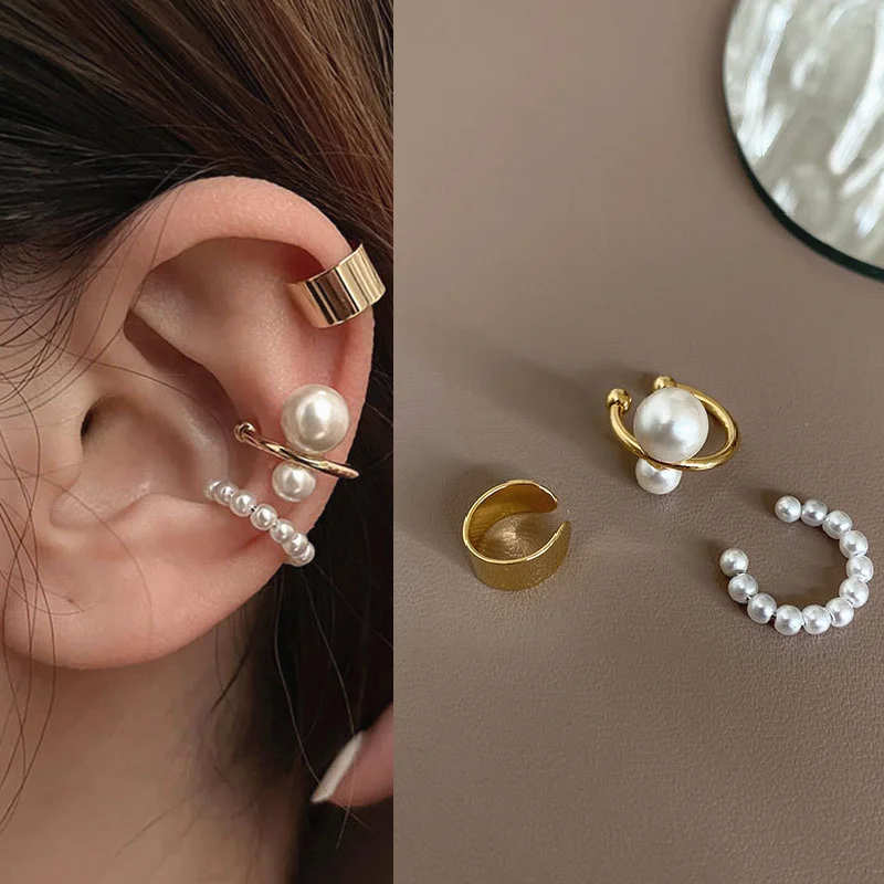 3Pcs/Sets C-shaped Pearl Ear Cuff Gold Color Simple Geometry Non-Piercing Fake Cartilage Clip Earrings For Women Fashion Jewelry