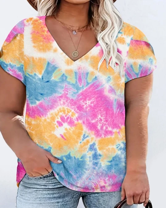 

2024 Summer Temperament Commuting Style Women's Short sleeved V-neck Tie Dyed Printed Petal Sleeve Elastic V-neck Casual Top