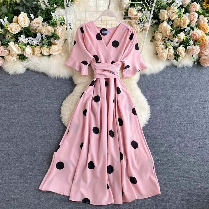 YuooMuoo Women Dress 2025 New Korean Fashion Polka Dot Print Long Summer Dress Vacation Style Sash Bandage Big Swing Beach Dress