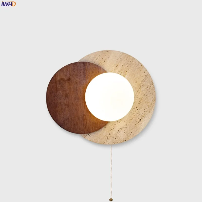 

IWHD Vintage Wabi Sabi LED Wall Lamp Living Room Bedroom Pull Chain Switch Yellow Travertine Bathroom Mirror Light Aplique Pared