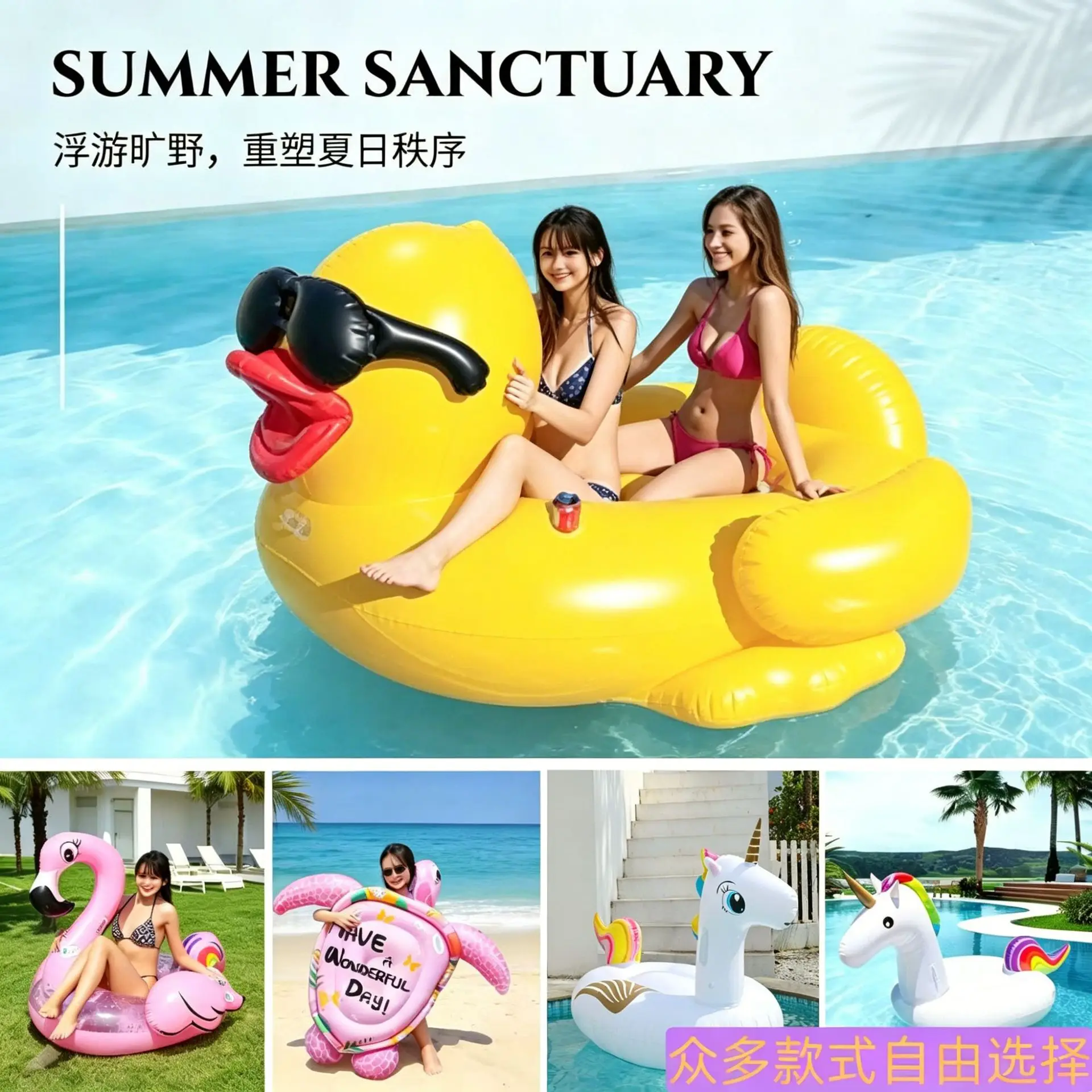 Water inflatable floating row floating bed water park fun play big yellow duck mount adult swimming ring