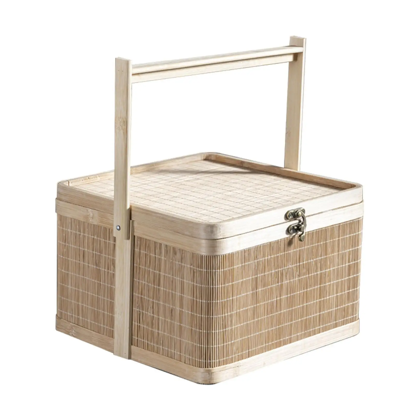 Square Bamboo-Woven Basket with Lid Sturdy Woven Bamboo Basket with Metal Clasp Rigid for Food Display, Holiday Packaging