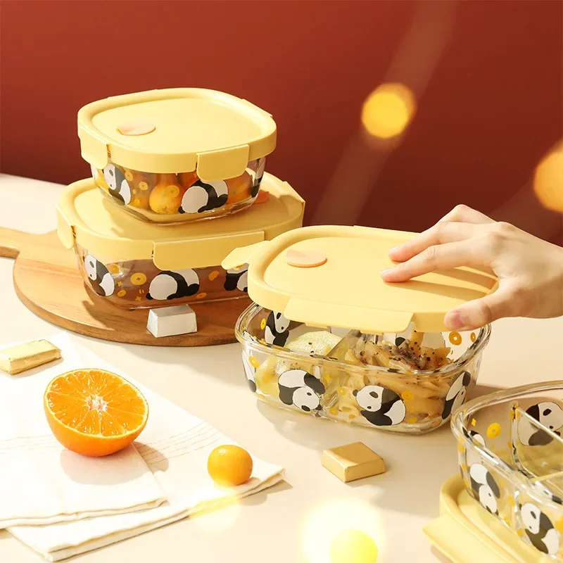 Microwave Oven Special Glass Lunch Box Cute Panda Lunch Box Transparent Heat-resistant Fresh-keeping Box with Lid for Home Use