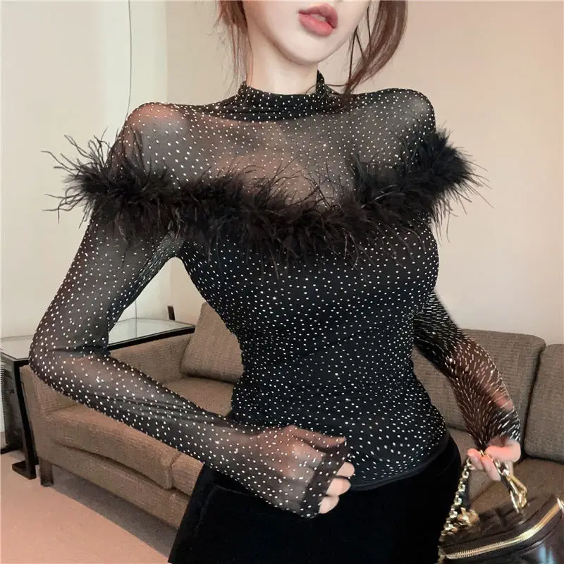 Blouses Women Elegant Sexy Long Sleeve Mesh Top Patchwork Feather Turtleneck Slim Spring Autumn Retro Korean Bottoming Shirt