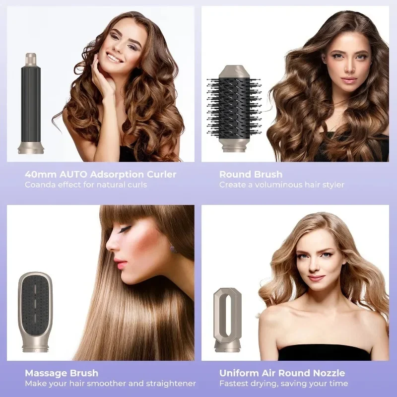 6 in 1 Hair Dryer Brush Frizz-Free Blow Dryer for Fast Drying Multi Hair Styler with Auto-Wrap Curlers Negative Ionic Hair Dryer