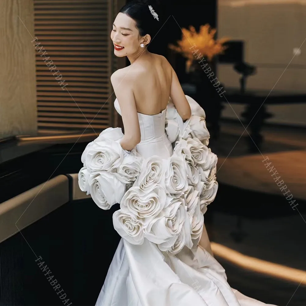 Romantic Unique 3D Flowers Brial Bolero With Long Train,Fashion Ivory Rose Wedding Cape,Ruffles Shawl Sleeves Bridal Wrap