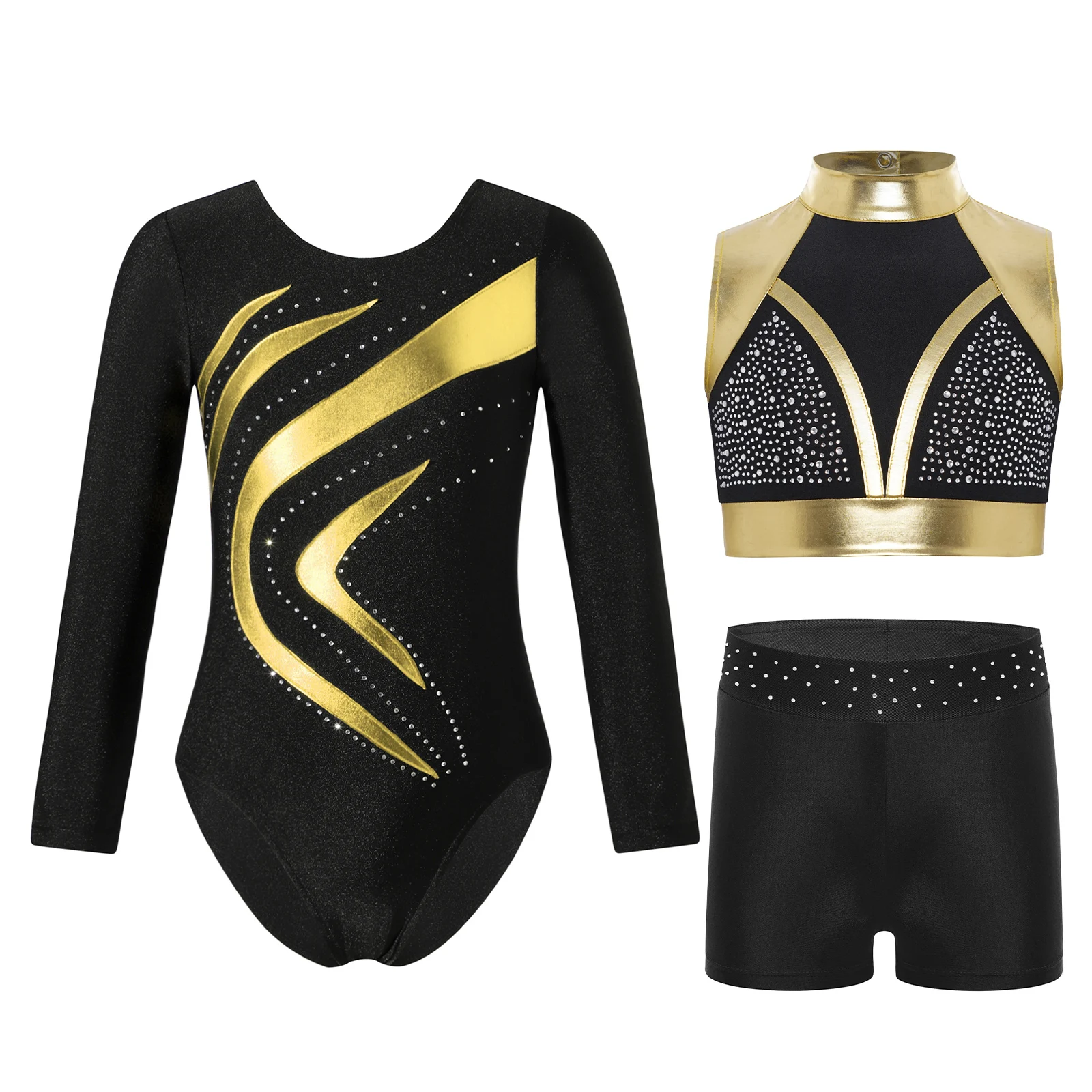 

3Pcs Kids Girls Gymnastics Dance Outfit Shiny Metallic Long Sleeve Round Neck Leotard+Sleeveless Rhinestones Crop Top+Shorts