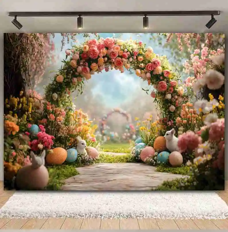 Happy Spring Easter Photography Backdrop Colorful Eggs Arch Door Flowers Garden Rabbit Child Birthday Party Background Decor