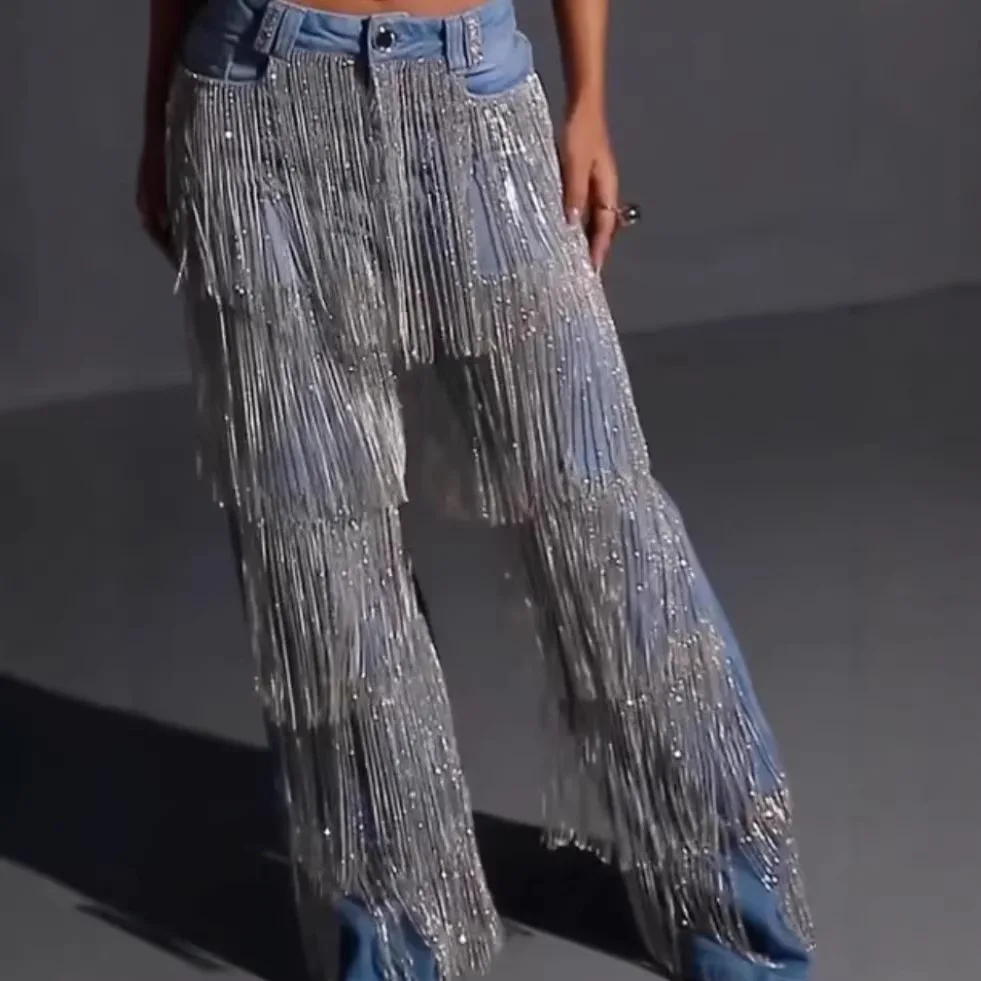 

2026 Spring Summer New Womens Blue Sequin Fringe Straight Leg Jeans Fashion Elegant Casual Wide Leg Pants
