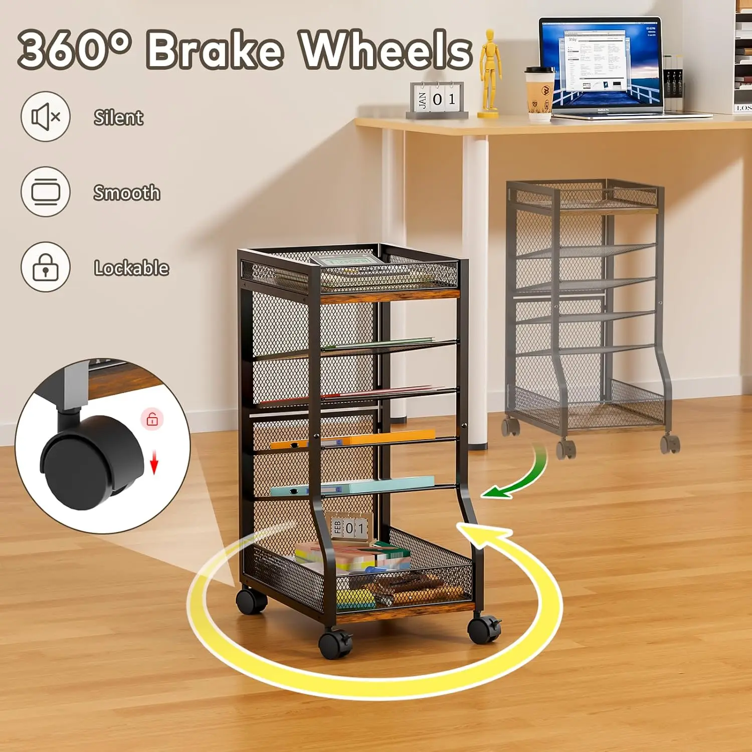 عربة ملفات رفيعة مكونة من 6 طبقات مع عجلات، منظم تحت المكتب لتخزين المكتب والمنزل