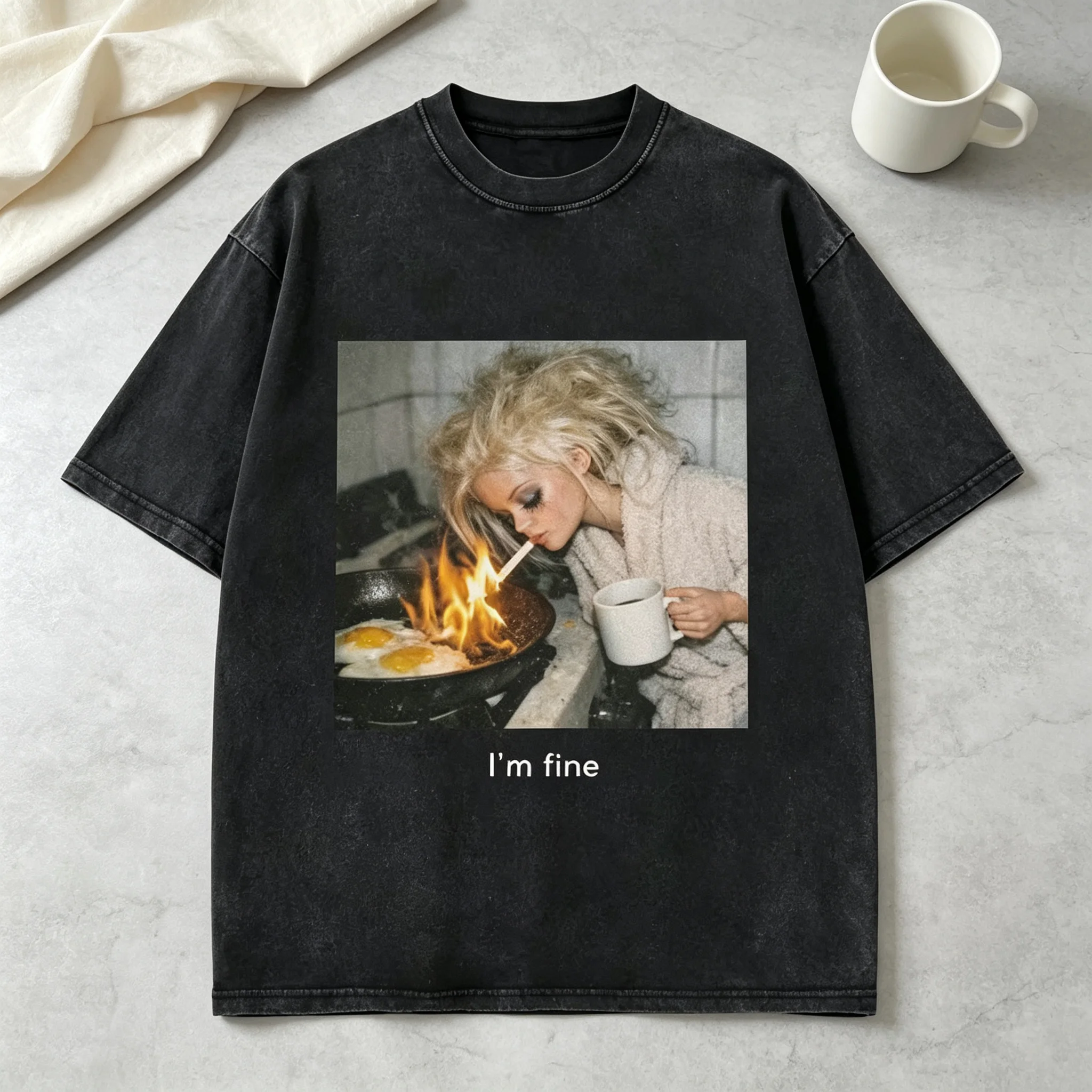 I'm Fine Funny Doll Meme T‑Shirt Washed Black Vintage Graphic Tee Humorous Sarcastic Doll Cooking Fire Print Unisex Casual Top