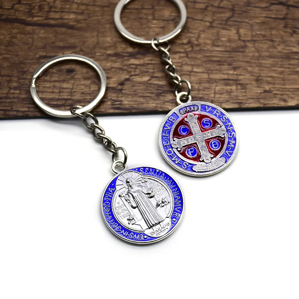 Blue Enamel Metal Saint Benedict Pendant Key Chain Religious Jewelry Key Ring
