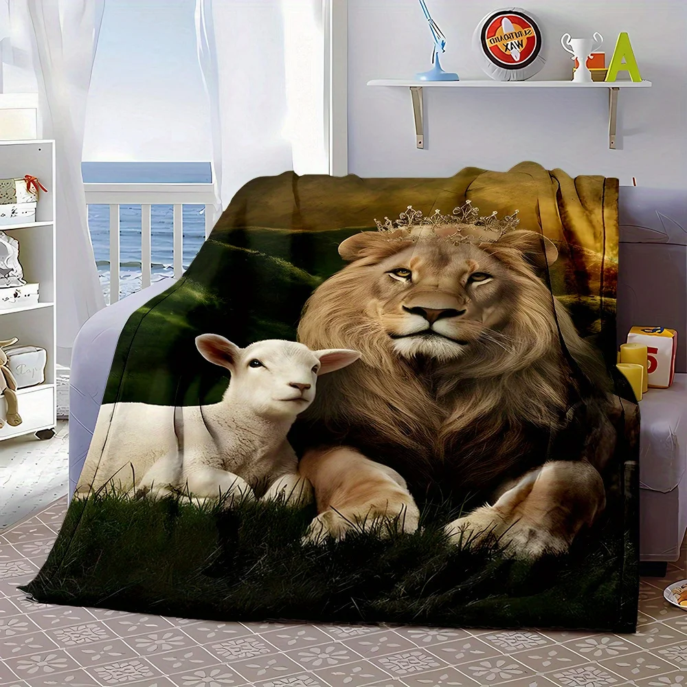 Lion with Crown and Lamb Digital Print Flannel Blanket - Soft and Durable Polyester Non-Woven Throw - Reversible, All-Season Car