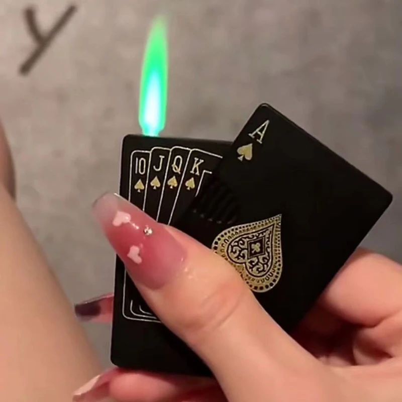 Poker Ace of Spades Green Flame Gas Lighter Turntable Decompression Windproof Butane Lighter Funny Cigarette Lighter Smoking