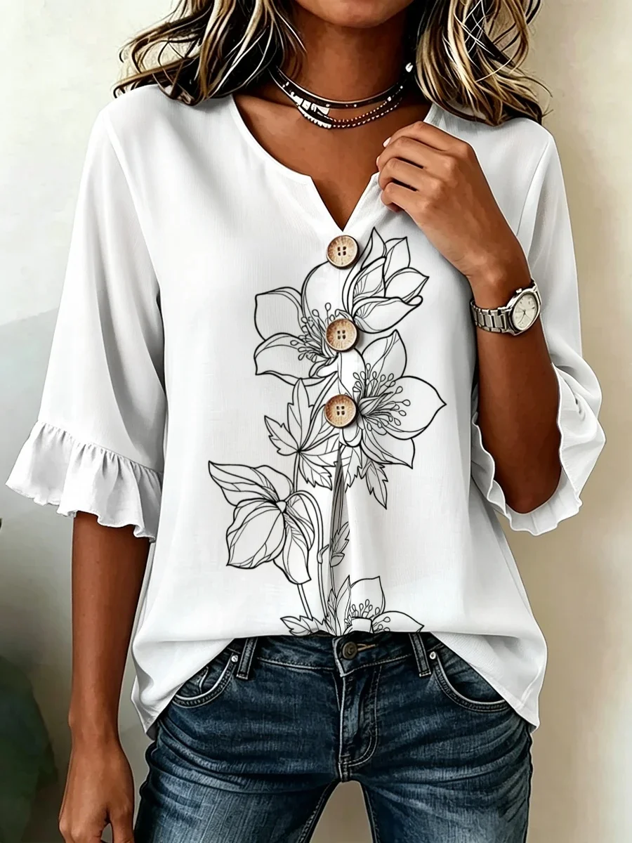 1. Women's Casual V-Neck Shirt Plus Size Line Floral Print Wooden Buttons Ruffle Half Sleeve Loose Tops