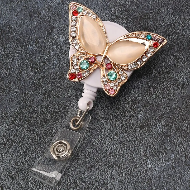 Stylish-5Pcs Retractable Badge Holder Reel, Butterfly Handmade Bling Rhinestone ID Badge Holders With Clip, For Volunteer Nurses