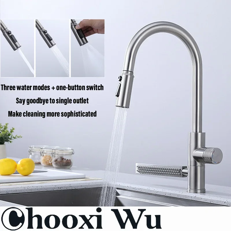 

CHOO XIWU-Pull Out Kitchen Sink Faucet, Two Model Stream Sprayer Nozzle, Stainless Steel, Hot and Cold Water Mixer Tap Deck