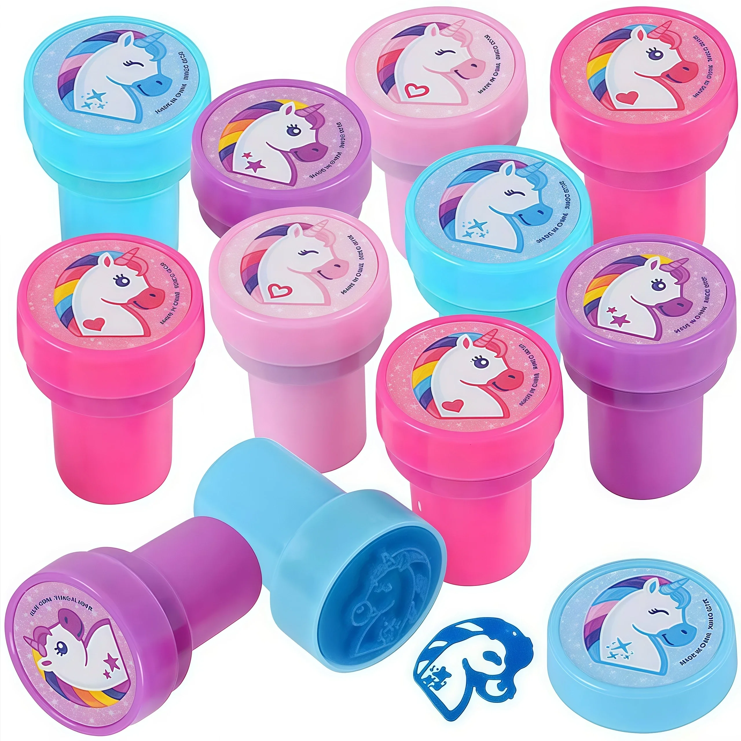 Bombonera de fiesta de cumpleaños de unicornios, sellos surtidos, sello autoentintado para niños, relleno de bolsa de regalos para niños, recompensas en el aula, suministro de fiesta
