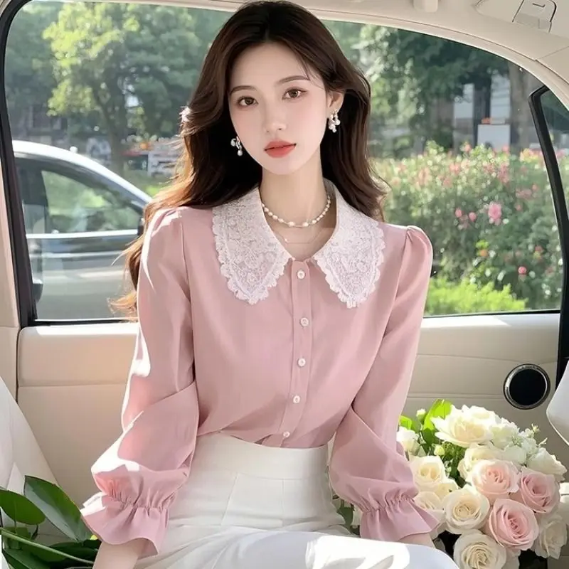 Langarmshirts für Damen, Chiffon, Button-Down-Blusen, Drehkragen, plissierter Saum, Laternenärmel, schmale Passform, adrett, feminin, Retro
