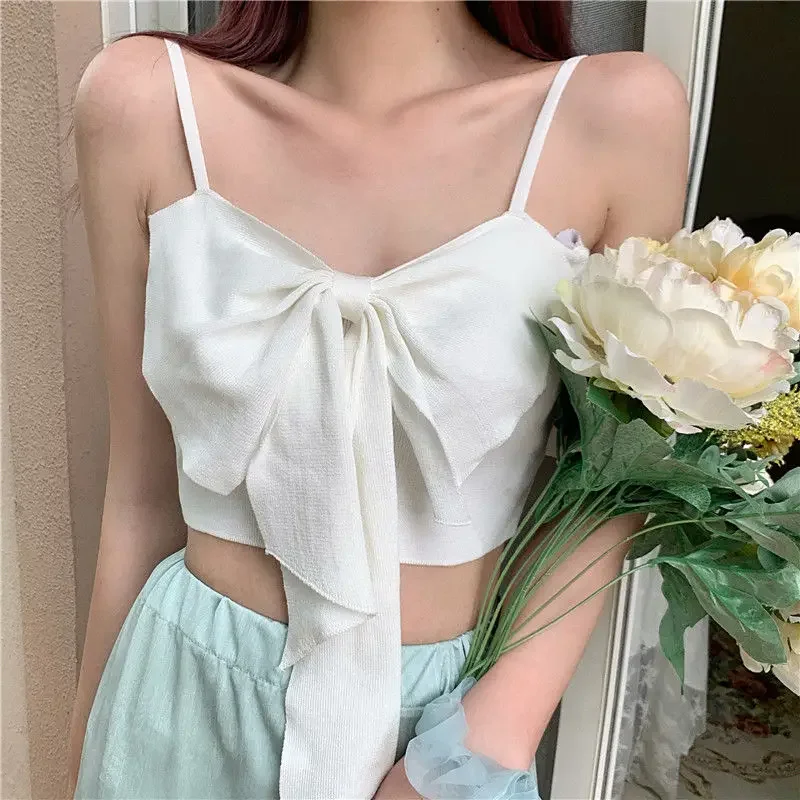 

2024 Fashion Harajuku Summer Short T-shirt Bowknot Knitted Sexy Crop Tanks Thin Straps Sleeveless Slim Tank Tops Women Clothes