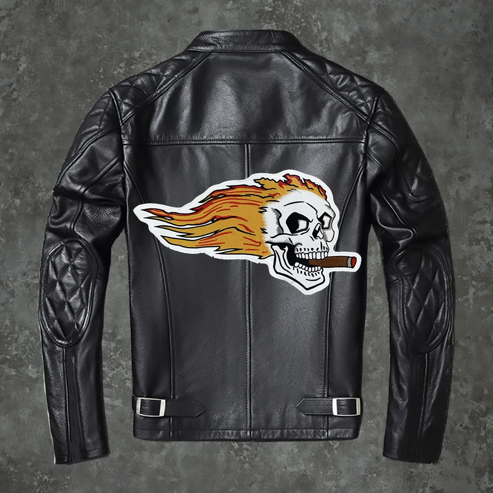 Flame Skeleton  Embroidery Cloth Sticker Back Logo Motorcycle Rider Personalized  Clothes Leather Vest DIY  Hand Sewing  30*16cm