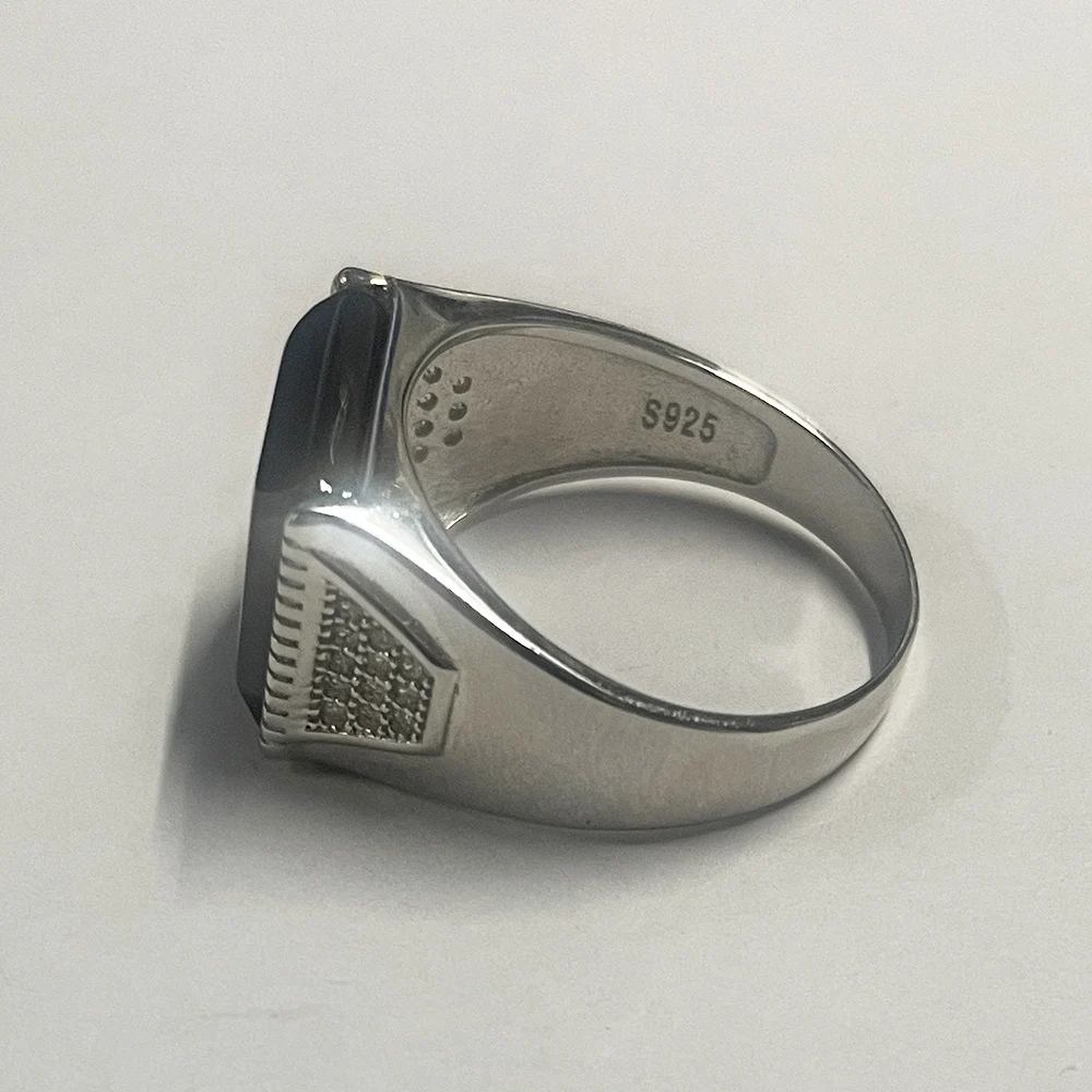 Solid Silver 925 Mens Rings Minimalist Turkish Rings For Men Black Square Natural Stone Turkey Male Jewelry Bague Homme