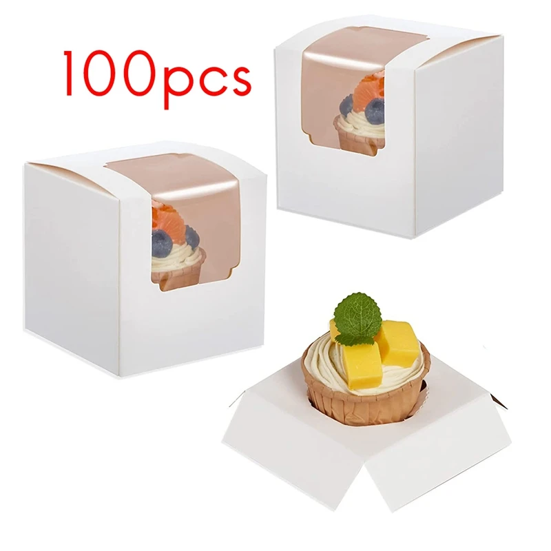 100Pcs White Cupcake Box Individual With Insert, Small Single Favor Pastry Treat Boxes With Clear Window