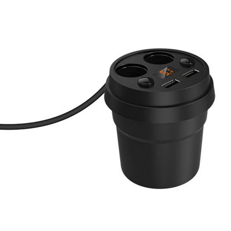 Cup Style Car Charger Splitter - 12-24V 2 USB 2.4A Dual Cigarette Lighter LED Display Anti-Slip ABS