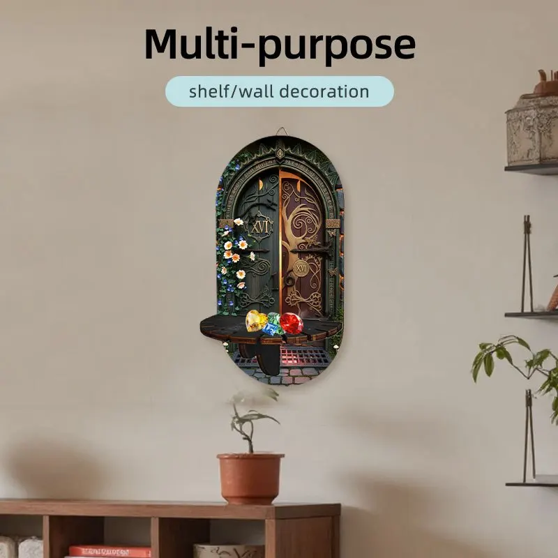 Retro Forest Alphabet A Shape Multifunctional Wall Shelf Storage Rack, 2D Printed Flower Heart Lock Forest Theme, Easter Gift
