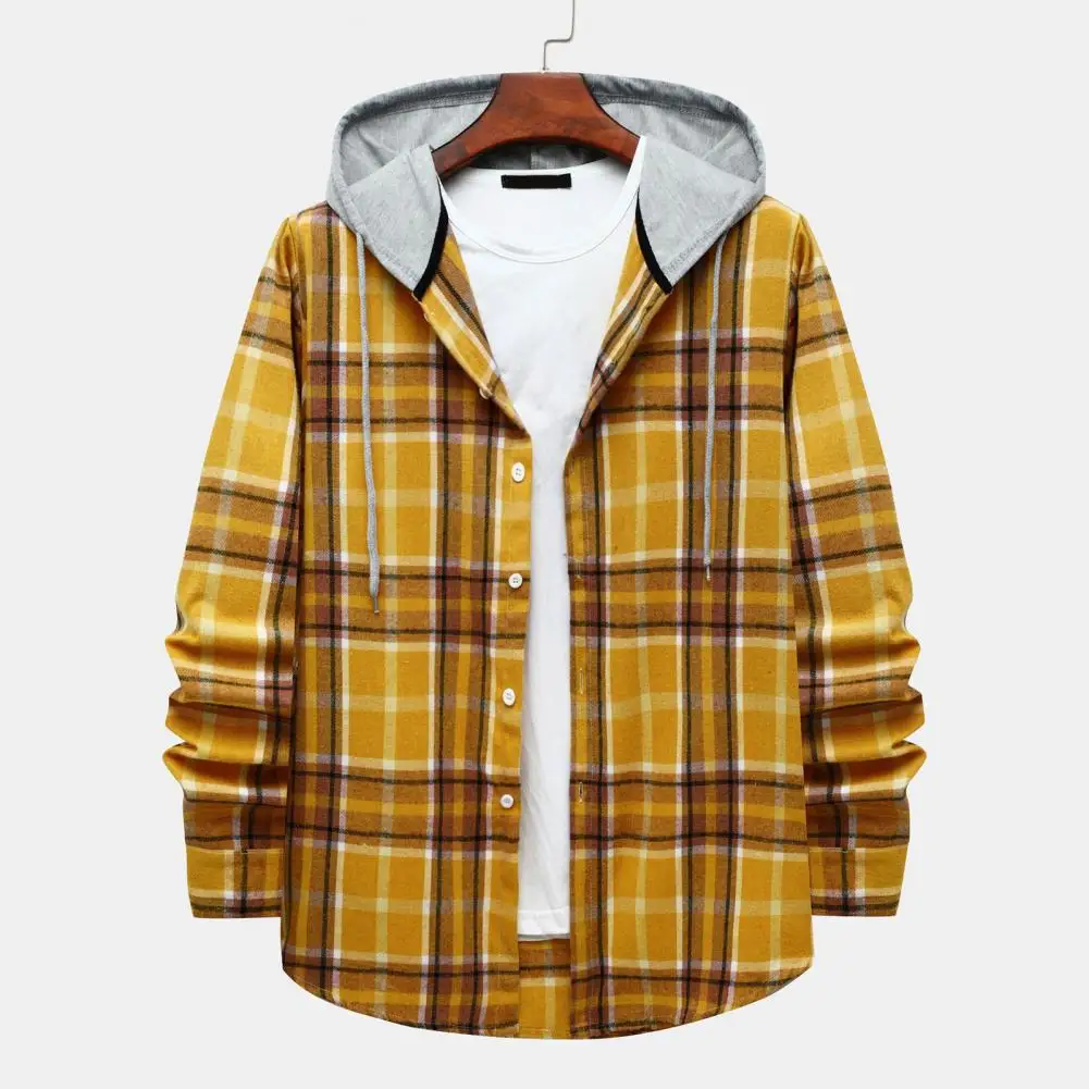 Men Spring Autumn Shirt Drawstring Plaid Print Hooded Oversized Men Shirt Keep Warm Single-breasted Buttons Men Shirt Streetwear