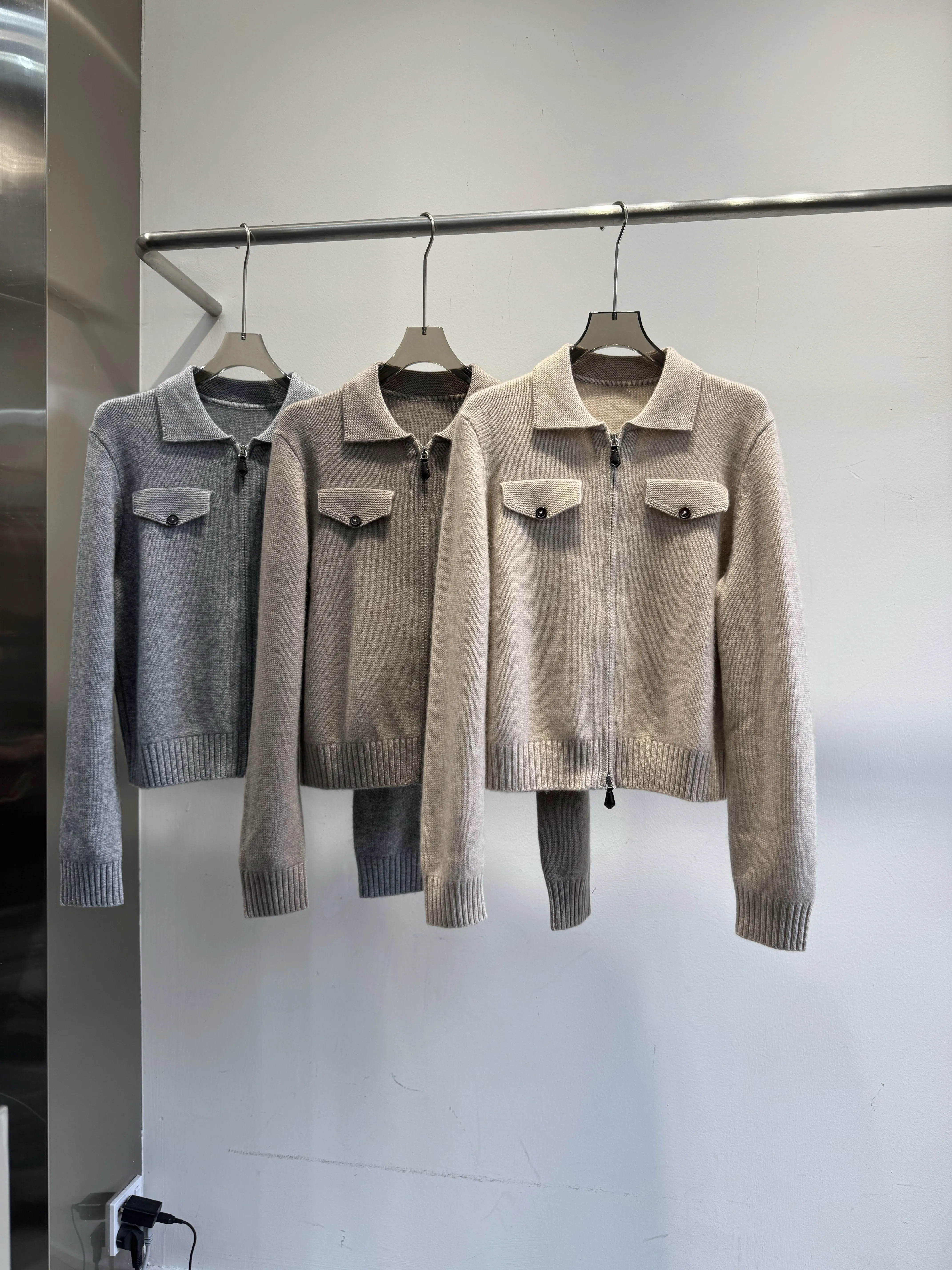 2026Women's Autumn/Winter Collared Zip-Up Cashmere Knit Jacket