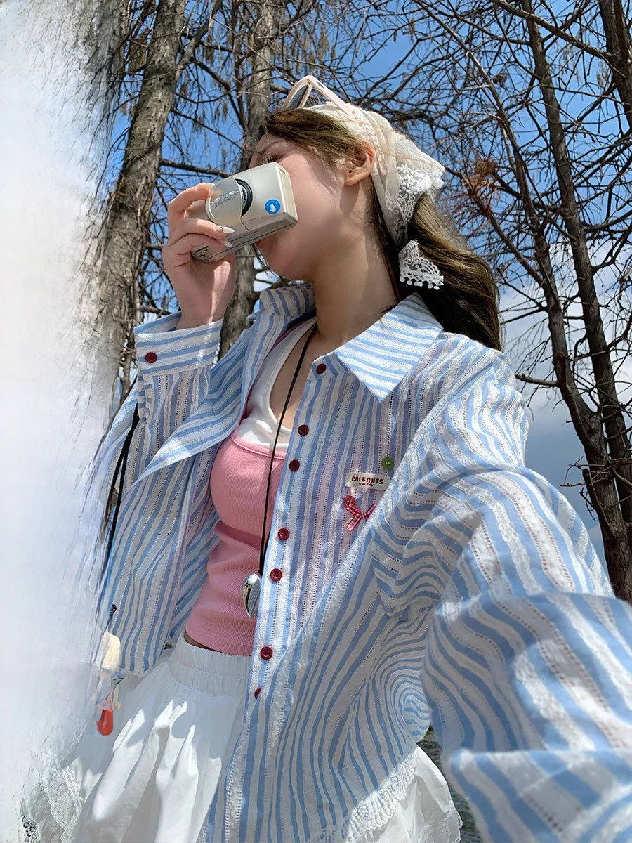 

COK Women's Loose Fit Striped Sun Protection irt Thin Breathable Long Sve Blue White Cheered Spring Summer New Arrival