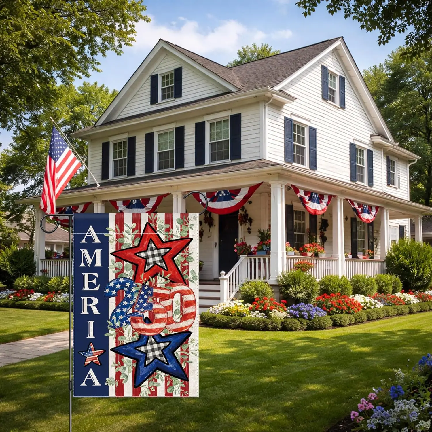 4th of July Garden Flag, 250 Year Anniversary American Flag Patriotic USA Memorial Day Yard Outdoor Decorations Outside Blue AAS