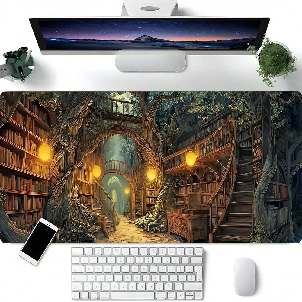1pc Extra Large Extended Fantasy Forest Ancient Tree House Scene Pattern Mouse Pad, Soft Cloth Material With Anti-Slip Rubber Base And Stitched Edges. Magical