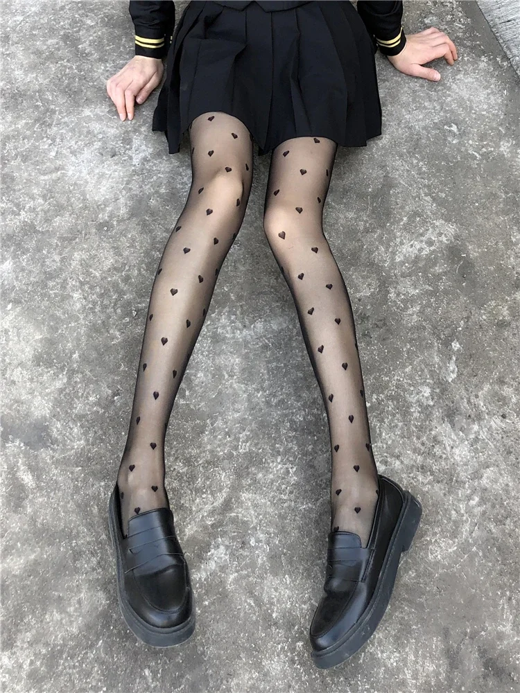 Collants Ultra-fins en Nylon à imprimé cœur pour femmes, bas hauts aux cuisses, Lingerie féminine, bas taille haute