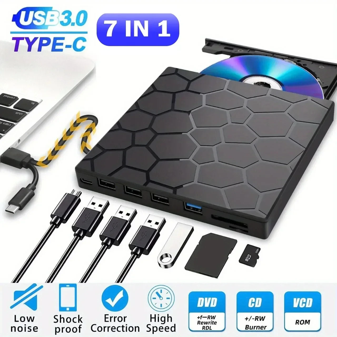 7 في 1 محركات أقراص مضغوطة/DVD خارجية USB 3.0 نوع C مشغل ديفيدي محمول أقراص مضغوطة قارئ محرك الأقراص الكاتب لأجهزة الكمبيوتر المحمول المكتبية