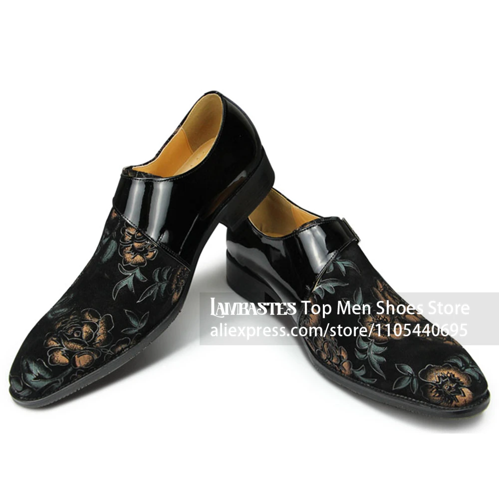 Black Floral Print Monk Shoes Floral Suede Business Leather Shoes Patent Leather Splicing Printed Pointed Formal Leather Shoes