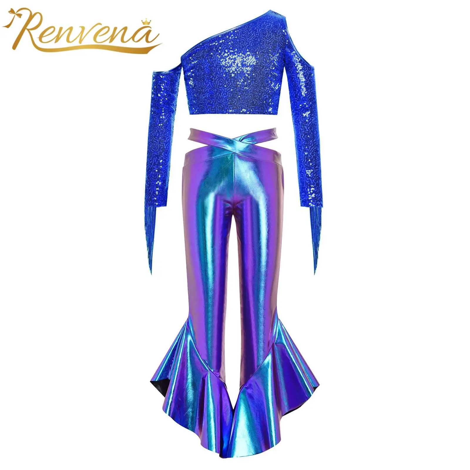 Kids Girls Sequined Crop Top + Bell-bottom Trousers Shiny Stage Outfit 80s 70s Disco Costumes Teens Tassel Dancing Party Clothes