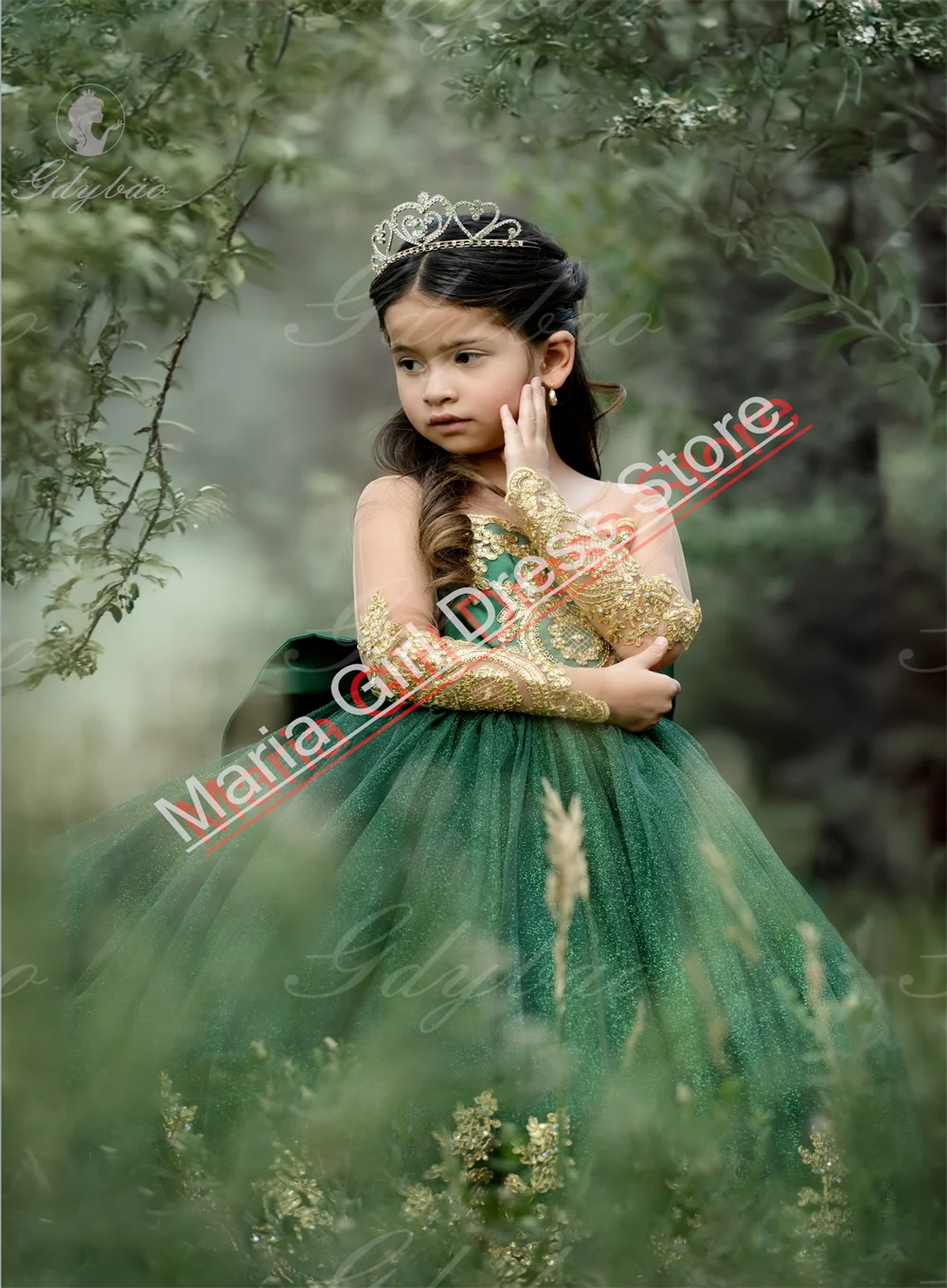 Elegant Dress For Girl Gold Lace Appliqué Emerald Green Flower girl dress Long sleeves With Tulle Suitable For Prom Pageants Bir