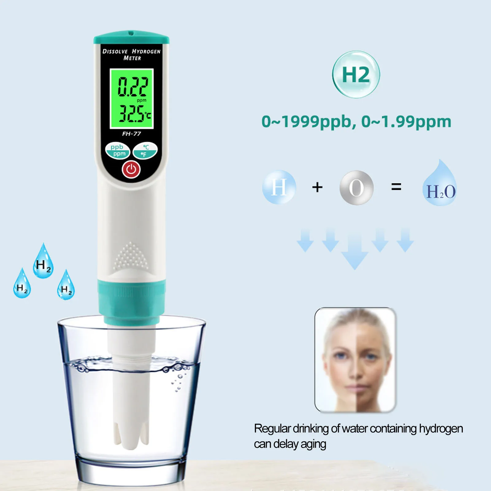 

FH-77 H2 Ручка для проверки богатого водорода, измеритель растворения водорода, высокоточный электрод, ЖК-дисплей высокой четкости, тестер качества воды