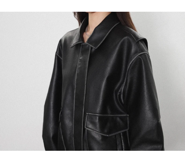 Lautaro Spring Autumn Cool Handsome Soft Vintage Distressed Brown Pu Leather Jacket Women Long Sleeve Luxury Designer Clothing