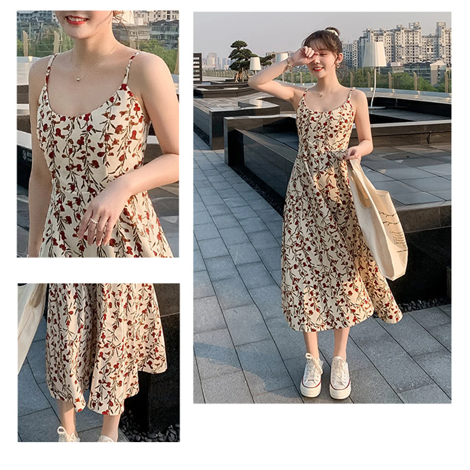 Summer Female Floral Sling Dress Round Neck Sleeveless Waist Shrinking Dress for Outdoor Daily Outfit