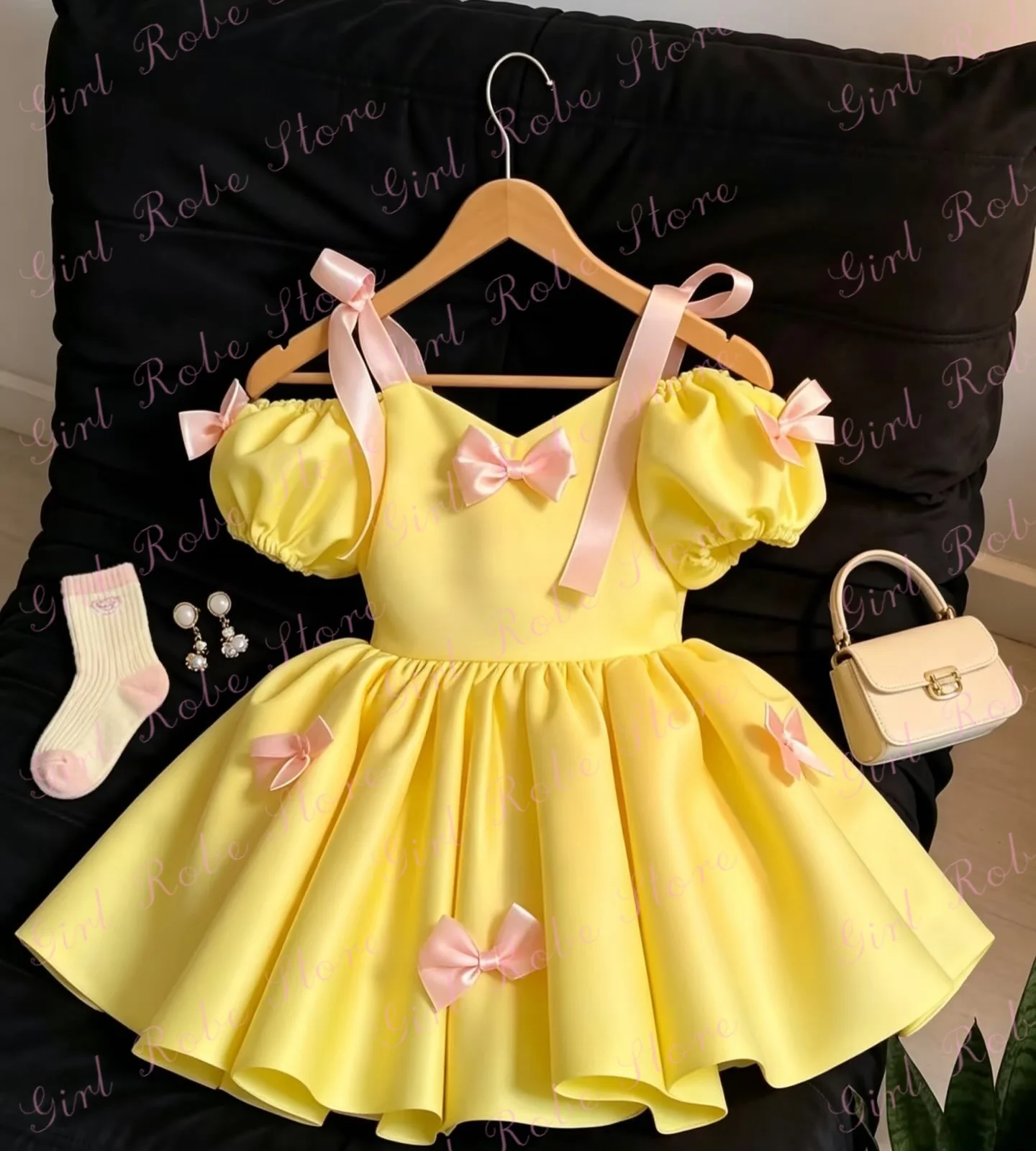 Customized Yellow Satin Flower Girl Dress For Wedding Short Sleeves Knee Length With Bow Lovely Infant Birthday Photo Shoot Gown