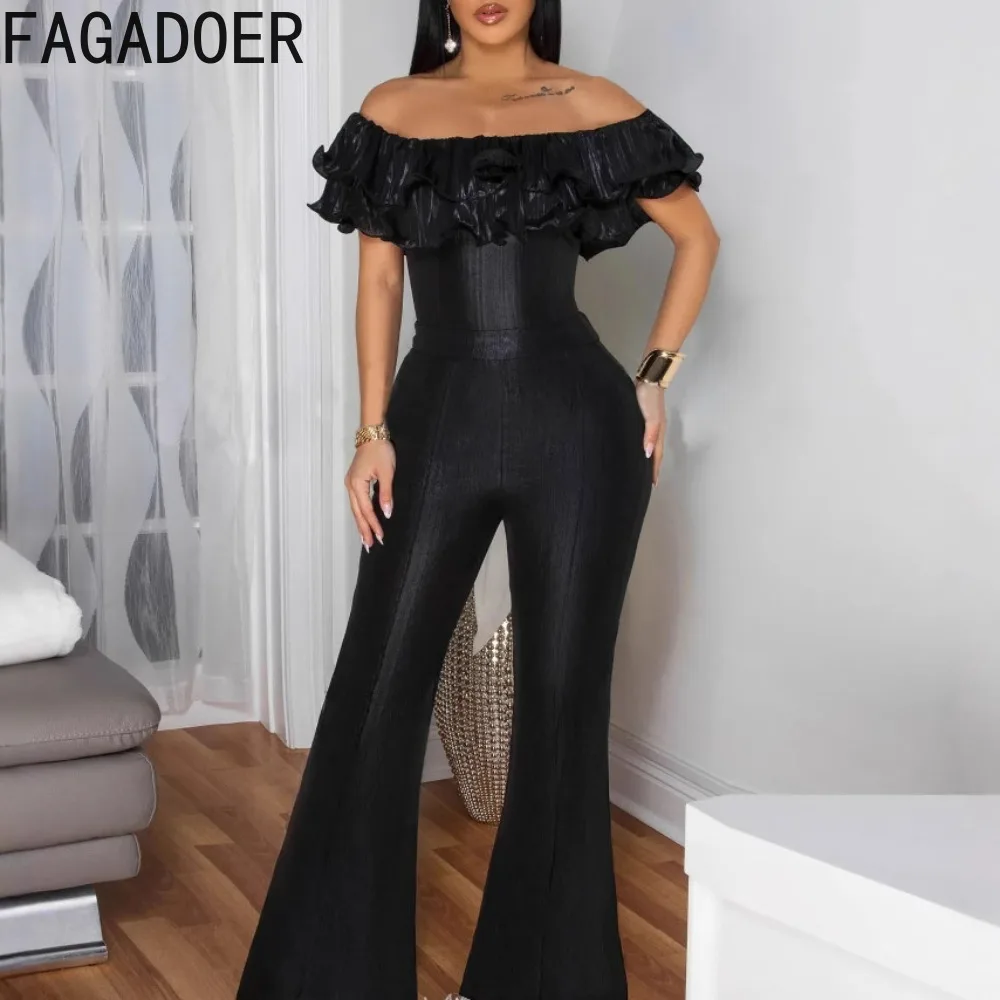 FAGADOER Off Shoulder Ruffles Spring Patchwork New Sexy Jumpsuits For Women Bodycon Rompers Female Streetwear Overalls 2025 New